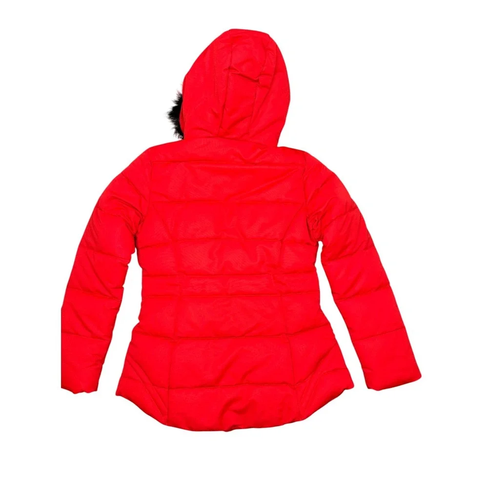 Guess Womens Red Quilted Puffer Jacket Faux Fur Hood Small 22LMP804